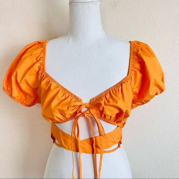 Nectarine Orange Parachute Surplice Ruched Strappy Cottagecore Crop Top - Picture 3 of 10